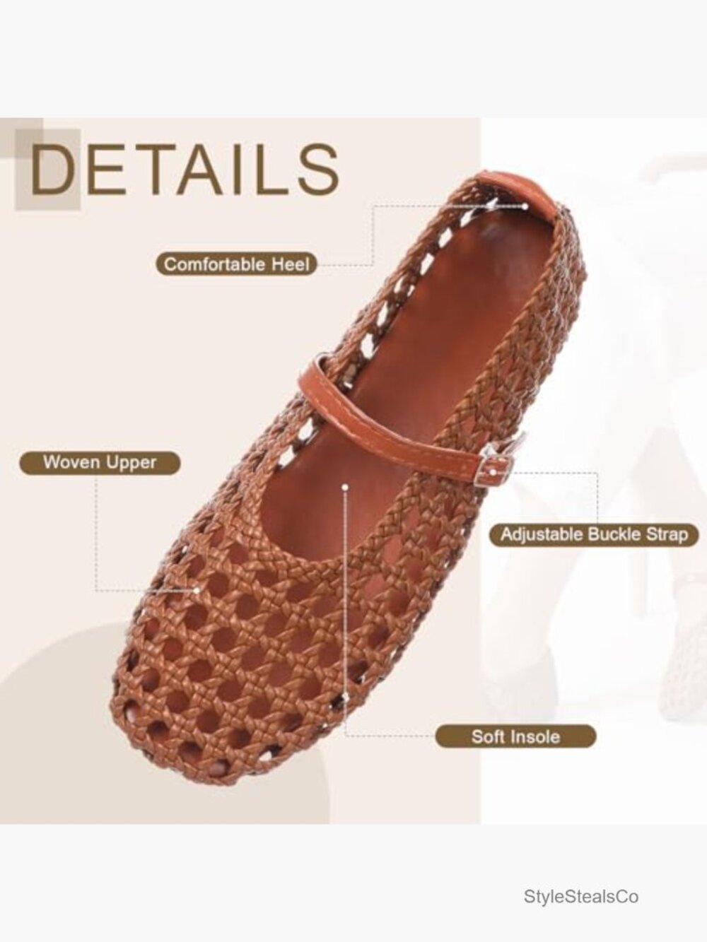 Woven Mary Jane Flats Ballet Mesh Square Toe Buckle Strap Work Flats Comfort - Picture 6 of 7